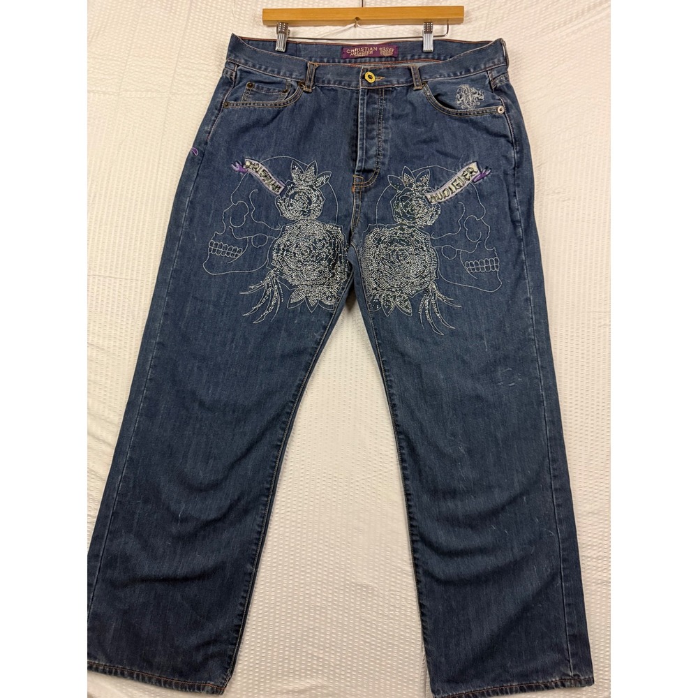 Christian Audigier Mens Embroidered Skull Rose Rhinestone Jeans Blue 38x32 Y2K